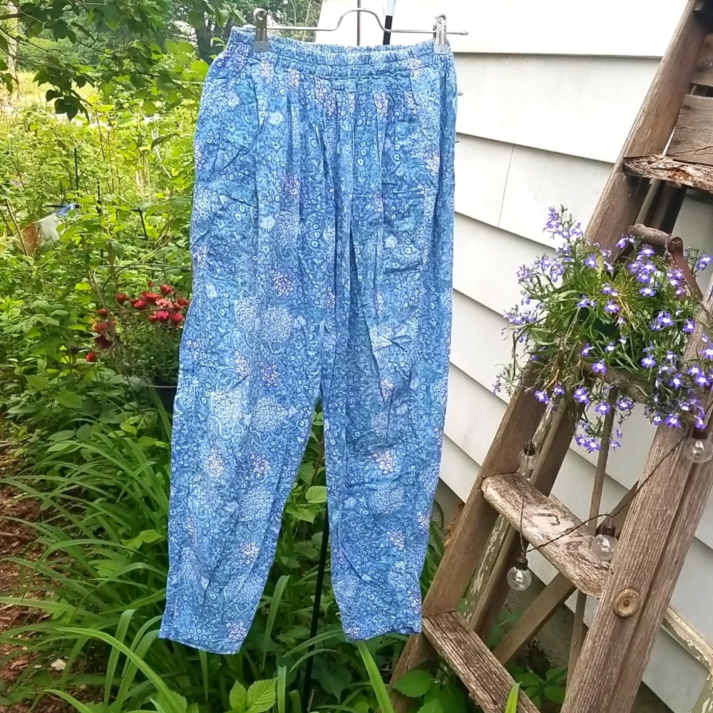 ANOKHI Vintage 70s Blue Floral CottonbGauze High Waist Pants India *flaw - Sz S